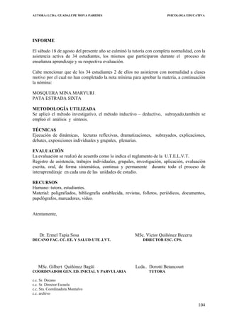 AUTORA: LCDA. GUADALUPE MOYA PAREDES PSICOLOGA EDUCATIVA
INFORME
El sábado 18 de agosto del presente año se culminó la tutoría con completa normalidad, con la
asistencia activa de 34 estudiantes, los mismos que participaron durante el proceso de
enseñanza aprendizaje y su respectiva evaluación.
Cabe mencionar que de los 34 estudiantes 2 de ellos no asistieron con normalidad a clases
motivo por el cual no han completado la nota mínima para aprobar la materia, a continuación
la nómina:
MOSQUERA MINA MARYURI
PATA ESTRADA SIXTA
METODOLOGÍA UTILIZADA
Se aplicó el método investigativo, el método inductivo – deductivo, subrayado,también se
empleó el análisis y síntesis.
TÉCNICAS
Ejecución de dinámicas, lecturas reflexivas, dramatizaciones, subrayados, explicaciones,
debates, exposiciones individuales y grupales, plenarias.
EVALUACIÓN
La evaluación se realizó de acuerdo como lo indica el reglamento de la U.T.E.L.V.T.
Registro de asistencia, trabajos individuales, grupales, investigación, aplicación, evaluación
escrita, oral, de forma sistemática, continua y permanente durante todo el proceso de
interaprendizaje en cada una de las unidades de estudio.
RECURSOS
Humano: tutora, estudiantes.
Material: poligrafiados, bibliografía establecida, revistas, folletos, periódicos, documentos,
papelógrafos, marcadores, video.
Atentamente,
Dr. Ermel Tapia Sosa MSc. Víctor Quiñónez Becerra
DECANO FAC. CC. EE. Y SALUD-UTE .LVT. DIRECTOR ESC. CPS.
MSc. Gilbert Quiñónez Bagüí Lcda.. Dorotti Betancourt
COORDINADOR GEN. ED. INICIAL Y PARVULARIA TUTORA
c.c. Sr. Decano
c.c. Sr. Director Escuela
c.c. Sra. Coordinadora Montalvo
c.c. archivo
104
 
