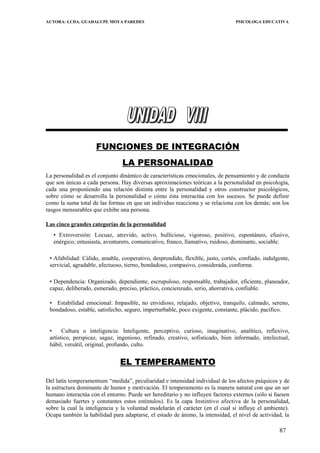 AUTORA: LCDA. GUADALUPE MOYA PAREDES PSICOLOGA EDUCATIVA
FUNCIONES DE INTEGRACIÓN
LA PERSONALIDAD
La personalidad es el conjunto dinámico de características emocionales, de pensamiento y de conducta
que son únicas a cada persona. Hay diversas aproximaciones teóricas a la personalidad en psicología,
cada una proponiendo una relación distinta entre la personalidad y otros constructor psicológicos,
sobre cómo se desarrolla la personalidad o cómo ésta interactúa con los sucesos. Se puede definir
como la suma total de las formas en que un individuo reacciona y se relaciona con los demás; son los
rasgos mensurables que exhibe una persona.
Las cinco grandes categorías de la personalidad
• Extroversión: Locuaz, atrevido, activo, bullicioso, vigoroso, positivo, espontáneo, efusivo,
enérgico, entusiasta, aventurero, comunicativo, franco, llamativo, ruidoso, dominante, sociable.
• Afabilidad: Cálido, amable, cooperativo, desprendido, flexible, justo, cortés, confiado, indulgente,
servicial, agradable, afectuoso, tierno, bondadoso, compasivo, considerada, conforme.
• Dependencia: Organizado, dependiente, escrupuloso, responsable, trabajador, eficiente, planeador,
capaz, deliberado, esmerado, preciso, práctico, concienzudo, serio, ahorrativa, confiable.
• Estabilidad emocional: Impasible, no envidioso, relajado, objetivo, tranquilo, calmado, sereno,
bondadoso, estable, satisfecho, seguro, imperturbable, poco exigente, constante, plácido, pacífico.
• Cultura o inteligencia: Inteligente, perceptivo, curioso, imaginativo, analítico, reflexivo,
artístico, perspicaz, sagaz, ingenioso, refinado, creativo, sofisticado, bien informado, intelectual,
hábil, versátil, original, profundo, culto.
EL TEMPERAMENTO
Del latín temperamentum “medida”, peculiaridad e intensidad individual de los afectos psíquicos y de
la estructura dominante de humor y motivación. El temperamento es la manera natural con que un ser
humano interactúa con el entorno. Puede ser hereditario y no influyen factores externos (sólo si fuesen
demasiado fuertes y constantes estos estímulos). Es la capa Instintivo afectiva de la personalidad,
sobre la cual la inteligencia y la voluntad modelarán el carácter (en el cual si influye el ambiente).
Ocupa también la habilidad para adaptarse, el estado de ánimo, la intensidad, el nivel de actividad, la
87
 
