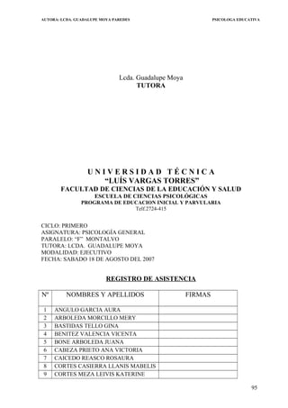 AUTORA: LCDA. GUADALUPE MOYA PAREDES PSICOLOGA EDUCATIVA
Lcda. Guadalupe Moya
TUTORA
U N I V E R S I D A D T É C N I C A
“LUÍS VARGAS TORRES”
FACULTAD DE CIENCIAS DE LA EDUCACIÓN Y SALUD
ESCUELA DE CIENCIAS PSICOLÓGICAS
PROGRAMA DE EDUCACION INICIAL Y PARVULARIA
Telf.2724-415
CICLO: PRIMERO
ASIGNATURA: PSICOLOGÍA GENERAL
PARALELO: “F” MONTALVO
TUTORA: LCDA. GUADALUPE MOYA
MODALIDAD: EJECUTIVO
FECHA: SABADO 18 DE AGOSTO DEL 2007
REGISTRO DE ASISTENCIA
Nº NOMBRES Y APELLIDOS FIRMAS
1 ANGULO GARCIA AURA
2 ARBOLEDA MORCILLO MERY
3 BASTIDAS TELLO GINA
4 BENITEZ VALENCIA VICENTA
5 BONE ARBOLEDA JUANA
6 CABEZA PRIETO ANA VICTORIA
7 CAICEDO REASCO ROSAURA
8 CORTES CASIERRA LLANIS MABELIS
9 CORTES MEZA LEIVIS KATERINE
95
 