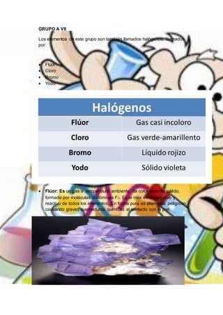 GRUPO A VII
Los elementos de este grupo son también llamados halógenos, formados
por:
 Flúor
 Cloro
 Bromo
 Yodo
 Flúor: Es un gas a temperatura ambiente, de color amarillo pálido,
formado por moléculas diatómicas F2. Es el más electonegativo y
reactivo de todos los elementos. En forma pura es altamente peligroso,
causando graves quemaduras químicas al contacto con la piel.
 