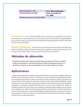 pág. 19
Densidad (g/cm3
): 7,31 Color: Blanco plateado
Punto de fusión (ºC): 232 Punto de ebullición
(ºC): 2602
Volumen atómico (cm3
/mol): 16,29
Características: Es un metal, maleable, que no se oxida y es resistente a la corrosión.
Se encuentra en muchas aleaciones y se usa para recubrir otros metales protegiéndolos de
la corrosión. Una desus característicasmásllamativasesquebajodeterminadascondiciones
forma la peste del estaño.
Formas alotrópicas: El estaño puro tiene dos variantes alotrópicas: El estaño gris,
polvono metálico,conductor,deestructura cúbica y establea temperaturasinferioresa 13,2
°C, que es muy frágil y tiene un peso específico más bajo que el blanco.
Métodos de obtención
El estaño se obtiene del mineral casiterita (óxidode estaño (IV)). Dicho mineral se
muele y se enriquece en dióxido de estaño por flotación, después se tuesta y se
calienta con coque en un horno de reverbero con lo cual se obtiene el metal.
Aplicaciones
Se usa como revestimiento protector del cobre, del hierro y de diversos metales usados en
la fabricación de latas de conserva. También se usa para disminuir la fragilidad del vidrio.
Los compuestosde estaño se usan para fungicidas,tintes, dentífricos(SnF2) y pigmentos.Se
usa para hacer bronce, aleación de estaño y cobre. Se usa para la soldadura blanda, aleado
con plomo.Se usa en aleaciónconplomopara fabricarla lámina delostubos de los órganos
musicales. En etiquetas. Recubrimiento de acero. Se usa como material de aporte en
soldadura blanda con cautín, bien puro o aleado. La directiva RoHS prohíbe el uso de plomo
en la soldadura de determinados aparatos eléctricos y electrónicos. El estaño también se
utiliza en la industria de la cerámica para la fabricacióndelosesmaltescerámicos.Sufunción
es la siguiente: en baja y en alta es un o pacificante. En alta la proporción del porcentajees
más alto que en baja temperatura.
 