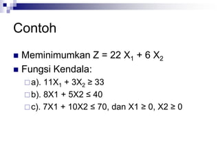 Contoh
 Meminimumkan Z = 22 X1 + 6 X2
 Fungsi Kendala:
a). 11X1 + 3X2 ≥ 33
b). 8X1 + 5X2 ≤ 40
c). 7X1 + 10X2 ≤ 70, dan X1 ≥ 0, X2 ≥ 0
 