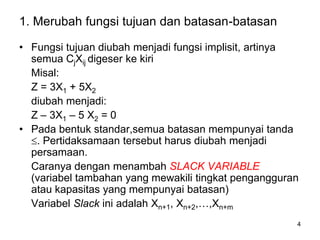 4
1. Merubah fungsi tujuan dan batasan-batasan
• Fungsi tujuan diubah menjadi fungsi implisit, artinya
semua CjXij digeser ke kiri
Misal:
Z = 3X1 + 5X2
diubah menjadi:
Z – 3X1 – 5 X2 = 0
• Pada bentuk standar,semua batasan mempunyai tanda
. Pertidaksamaan tersebut harus diubah menjadi
persamaan.
Caranya dengan menambah SLACK VARIABLE
(variabel tambahan yang mewakili tingkat pengangguran
atau kapasitas yang mempunyai batasan)
Variabel Slack ini adalah Xn+1, Xn+2,…,Xn+m
 