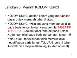 8
Langkah 3: Memilih KOLOM KUNCI
• KOLOM KUNCI adalah kolom yang merupakan
dasar untuk merubah tabel di atas.
• KOLOM KUNCI Kolom yang mempunyai nilai
pada baris fungsi tujuan yang bernilai NEGATIF
TERBESAR (dalam tabel terletak pada kolom
X2 dengan nilai pada baris persamaan tujuan -5
• Kalau suatu tabel sudah tidak memiliki nilai
negatif pada baris fungsi TUJUAN, berarti tabel
itu tidak bisa dioptimalkan lagi (sudah optimal)
 