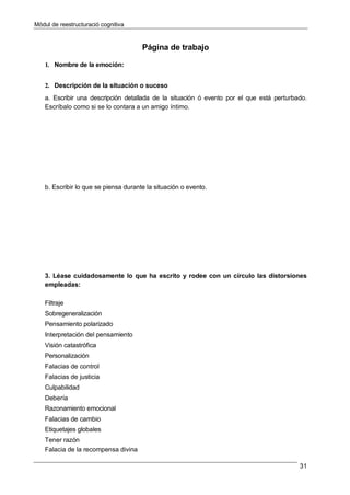 Mòdul de reestructuració cognitiva
31
Página de trabajo
1. Nombre de la emoción:
2. Descripción de la situación o suceso
a. Escribir una descripción detallada de la situación ó evento por el que está perturbado.
Escríbalo como si se lo contara a un amigo íntimo.
b. Escribir lo que se piensa durante la situación o evento.
3. Léase cuidadosamente lo que ha escrito y rodee con un círculo las distorsiones
empleadas:
Filtraje
Sobregeneralización
Pensamiento polarizado
Interpretación del pensamiento
Visión catastrófica
Personalización
Falacias de control
Falacias de justicia
Culpabilidad
Debería
Razonamiento emocional
Falacias de cambio
Etiquetajes globales
Tener razón
Falacia de la recompensa divina
 