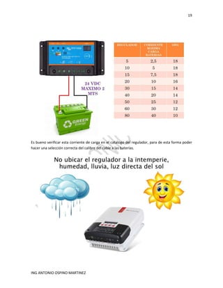 19
ING ANTONIO OSPINO MARTINEZ
Es bueno verificar esta corriente de carga en el catalogo del regulador, para de esta forma poder
hacer una selección correcta del calibre del cable a las baterías.
 