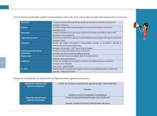 Guía de Rendición de Cuentas para Gobiernos Autónomos Descentralizados (GAD):
26
A continuación se describe la parte correspondiente a domicilio, en la cual se ubica la sede administrativa de la institución:
Provincia: Anotar el nombre de la provincia donde se encuentra ubicada la institución.
Ejemplo: Pichincha
Cantón: Anotar el nombre del cantón donde se encuentra ubicada la institución.
Ejemplo: Quito
Parroquia: Anotar el nombre de la parroquia donde se encuentra ubicada la institución.
Ejemplo: Centro Histórico
Cabecera Cantonal: Anotar el nombre de la cabecera cantonal donde se encuentra ubicada la institución.
Ejemplo: Quito
Dirección: Anotar las calles principales y secundarias, donde se encuentra ubicada la
institución y el número respectivo.
Ejemplo: Venezuela E-597 entre Chile y Espejo
Correo electrónico de la
Institución:
Anotar el correo electrónico de la institución.
Ejemplo: serviciosciudadanos@quito.gob.ec
Página web: Anotar la dirección de la página web de la institución.
Ejemplo: www.quito.gob.ec
Teléfonos: Anotar los códigos provinciales y números de teléfonos de la institución.
Ejemplo: 02 3 952300
Call center: 1800456789
N.- RUC: Deberá anotar el número de registro único de contribuyentes de la institución.
Ejemplo: 1768000030001
Esta parte corresponde a la información del Representante Legal de la institución:
Nombre del representante
legal de la institución:
Anotar los nombres y apellidos del represente legal de la institución.
Ejemplo:
ADRIÁN AUGUSTO BARRERA GUARDERAS
Cargo del representante
legal de la institución:
Anotar el cargo del represente legal de la institución.
Ejemplo: Alcalde del Distrito Metropolitano de Quito
 