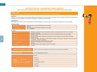Guía de Rendición de Cuentas para Gobiernos Autónomos Descentralizados (GAD):
36
Datos generales:
Domicilio:
INSTRUCTIVO DE LLENADO DE FORMULARIO DE
INFORME DE RENDICIÓN DE CUENTAS PARA AUTORIDADES DE GADs
INTRODUCCIÓN
El presente documento es una herramienta que permite a las autoridades elaborar su informe de gestión.
OBJETIVO
Orientar a las autoridades en el llenado del Informe de Rendición de Cuentas, establecido a partir de los contenidos establecidos por ley, para la
presentación a la ciudadanía, al Consejo de Participación Ciudadana y Control Social.
DESARROLLO
El formulario inicia con la parte correspondiente a Datos Generales, en la cual se solicita información de identificación de la autoridad:
 