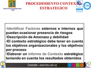 PROCEDIMIENTO CONTEXTO
INSTITUCIÓN UNIVERSITARIA
           FESU
                                 ESTRATEGICO




   •Identificar Factores externos e internos que
   puedan ocasionar presencia de riesgos
   •Descripción de Amenaza y debilidad
   •El contexto estratégico debe tener en cuenta
   los objetivos organizacionales y los objetivos
   por proceso
   •Elaborar un informe de Contexto estratégico
   teniendo en cuenta los resultados obtenidos
 