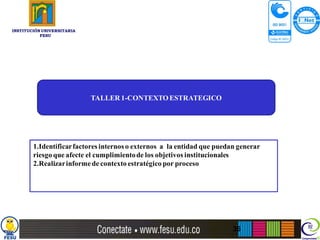 INSTITUCIÓN UNIVERSITARIA
           FESU




                            TALLER 1-CONTEXTO ESTRATEGICO




        1.Identificar factores internos o externos a la entidad que puedan generar
        riesgo que afecte el cumplimiento de los objetivos institucionales
        2.Realizar informe de contexto estratégico por proceso




                                                                         36
 