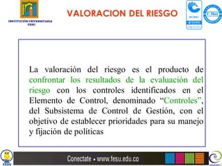 VALORACION DEL RIESGO
INSTITUCIÓN UNIVERSITARIA
           FESU




           La valoración del riesgo es el producto de
           confrontar los resultados de la evaluación del
           riesgo con los controles identificados en el
           Elemento de Control, denominado “Controles”,
           del Subsistema de Control de Gestión, con el
           objetivo de establecer prioridades para su manejo
           y fijación de políticas
 