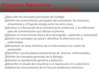 Ciencias Naturales
Al finalizar el módulo de, serás capaz de:
Describir los conceptos principales de Ecología.
Definir los conocimientos principales del ecosistema, las relaciones
alimentarias y el flujo de energía entre los seres vivos.
Analizar la información de la contaminación ambiental y los diferentes
tipos de contaminación que afectan el planeta.
Revisar el conocimiento básico de la demografía , población y comunidad.
Definir los conceptos de salud e identificar la diferencia con la
enfermedad.
Reconocer las fases históricas de la enfermedad y los niveles de
prevención.
Identificar las principales características de diversas enfermedades.
Definir los conceptos generales de la Biología.
Analizar la reproducción genética y evolución.
Describir el estudio de la Química y su repercusión en la vida diaria
Aplicar los conocimientos de la Física en problemas cotidianos
 