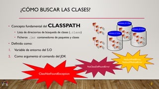 ¿CÓMO BUSCAR LAS CLASES?
• Concepto fundamental del CLASSPATH
• Lista de directorios de búsqueda de clases (.class)
• Fich...