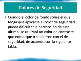 Colores de Seguridad 
• Cuando el color de fondo sobre el que 
tenga que aplicarse el color de seguridad 
pueda dificultar la percepción de este 
último. se utilizará un color de contraste 
que enmarque o se alterne con el de 
seguridad, de acuerdo con la siguiente 
tabla: 
 