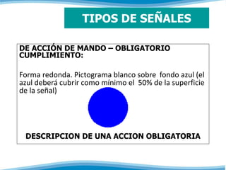 TIPOS DE SEÑALES 
DE ACCIÓN DE MANDO – OBLIGATORIO 
CUMPLIMIENTO: 
Forma redonda. Pictograma blanco sobre fondo azul (el 
azul deberá cubrir como mínimo el 50% de la superficie 
de la señal) 
DESCRIPCION DE UNA ACCION OBLIGATORIA 
 