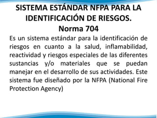 SISTEMA ESTÁNDAR NFPA PARA LA 
IDENTIFICACIÓN DE RIESGOS. 
Norma 704 
Es un sistema estándar para la identificación de 
riesgos en cuanto a la salud, inflamabilidad, 
reactividad y riesgos especiales de las diferentes 
sustancias y/o materiales que se puedan 
manejar en el desarrollo de sus actividades. Este 
sistema fue diseñado por la NFPA (National Fire 
Protection Agency) 
 