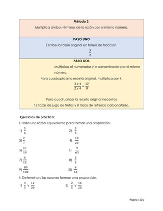 Página| 101
Método 2:
Multiplica ambos términos de la razón por el mismo número.
PASO UNO
Escribe la razón original en forma de fracción.
3
2
PASO DOS
Multiplica el numerador y el denominador por el mismo
número.
Para cuadruplicar la receta original, multiplica por 4.
3 𝑥 4
2 𝑥 4
=
12
8
Para cuadruplicar la receta original necesitas
12 tazas de jugo de frutas y 8 tazas de refresco carbonatado.
Ejercicios de práctica:
l. Halla una razón equivalente para formar una proporción.
1)
5
6
2)
3
5
3)
2
7
4)
18
20
5)
17
19
6)
9
63
7)
4
12
8)
5
2
9)
80
100
10)
9
63
ll. Determina si las razones forman una proporción.
1)
3
5
y
12
20
2)
2
5
y
16
20
 