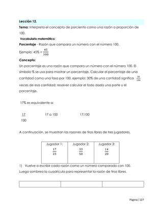 Página| 127
Lección 12.
Tema: Interpreta el concepto de porciento como una razón o proporción de
100.
Vocabulario matemático:
Porcentaje - Razón que compara un número con el número 100.
Ejemplo; 45% =
45
100
Concepto:
Un porcentaje es una razón que compara un número con el número 100. El
símbolo % se usa para mostrar un porcentaje. Calcular el porcentaje de una
cantidad como una tasa por 100, ejemplo: 30% de una cantidad significa
30
100
veces de esa cantidad; resolver calcular el todo dada una parte y el
porcentaje.
17% es equivalente a:
17 17 a 100 17:100
100
A continuación, se muestran las razones de tiros libres de tres jugadores.
Jugador 1:
17
25
Jugador 2:
33
50
Jugador 3:
14
20
1) Vuelve a escribir cada razón como un número comparado con 100.
Luego sombrea la cuadrícula para representar la razón de tiros libres.
 