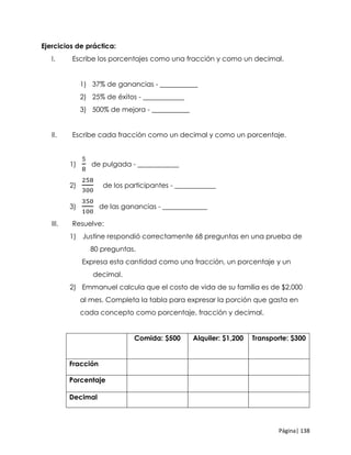 Página| 138
Ejercicios de práctica:
I. Escribe los porcentajes como una fracción y como un decimal.
1) 37% de ganancias - ___________
2) 25% de éxitos - ____________
3) 500% de mejora - ___________
II. Escribe cada fracción como un decimal y como un porcentaje.
1)
5
8
de pulgada - ____________
2)
258
300
de los participantes - ____________
3)
350
100
de las ganancias - _____________
III. Resuelve:
1) Justine respondió correctamente 68 preguntas en una prueba de
80 preguntas.
Expresa esta cantidad como una fracción, un porcentaje y un
decimal.
2) Emmanuel calcula que el costo de vida de su familia es de $2,000
al mes. Completa la tabla para expresar la porción que gasta en
cada concepto como porcentaje, fracción y decimal.
Comida: $500 Alquiler: $1,200 Transporte: $300
Fracción
Porcentaje
Decimal
 