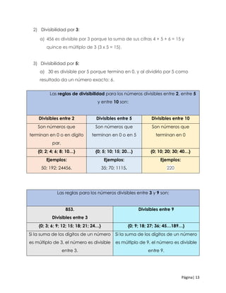 Página| 13
2) Divisibilidad por 3:
a) 456 es divisible por 3 porque la suma de sus cifras 4 + 5 + 6 = 15 y
quince es múltiplo de 3 (3 x 5 = 15).
3) Divisibilidad por 5:
a) 30 es divisible por 5 porque termina en 0, y al dividirlo por 5 como
resultado da un número exacto: 6.
Las reglas de divisibilidad para los números divisibles entre 2, entre 5
y entre 10 son:
Divisibles entre 2 Divisibles entre 5 Divisibles entre 10
Son números que
terminan en 0 o en dígito
par.
Son números que
terminan en 0 o en 5
Son números que
terminan en 0
{0; 2; 4; 6; 8; 10…} {0; 5; 10; 15; 20…} {0; 10; 20; 30; 40…}
Ejemplos:
50; 192; 24456.
Ejemplos:
35; 70; 1115.
Ejemplos:
220
Las reglas para los números divisibles entre 3 y 9 son:
853.
Divisibles entre 3
Divisibles entre 9
{0; 3; 6; 9; 12; 15; 18; 21; 24…} {0; 9; 18; 27; 36; 45…189…}
Si la suma de los dígitos de un número
es múltiplo de 3, el número es divisible
entre 3.
Si la suma de los dígitos de un número
es múltiplo de 9, el número es divisible
entre 9.
 