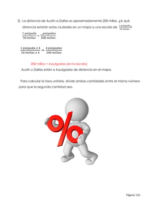 Página| 151
2) La distancia de Austin a Dallas es aproximadamente 200 millas. ¿A qué
distancia estarán estas ciudades en un mapa a una escala de
1 𝑝𝑢𝑙𝑔𝑎𝑑𝑎
50 𝑚𝑖𝑙𝑙𝑎𝑠
?
1 𝑝𝑢𝑙𝑔𝑎𝑑𝑎
50 𝑚𝑖𝑙𝑙𝑎𝑠
=
__𝑝𝑢𝑙𝑔𝑎𝑑𝑎𝑠
200 𝑚𝑖𝑙𝑙𝑎𝑠
1 𝑝𝑢𝑙𝑔𝑎𝑑𝑎 𝑥 4
50 𝑚𝑖𝑙𝑙𝑎𝑠 𝑥 4
=
4 𝑝𝑢𝑙𝑔𝑎𝑑𝑎𝑠
200 𝑚𝑖𝑙𝑙𝑎𝑠
200 millas = 4 pulgadas (en la escala)
Austin y Dallas están a 4 pulgadas de distancia en el mapa.
Para calcular la tasa unitaria, divide ambas cantidades entre el mismo número
para que la segunda cantidad sea.
 