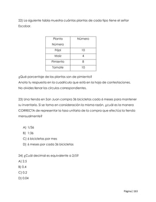 Página| 163
22) La siguiente tabla muestra cuántas plantas de cada tipo tiene el señor
Escobar.
¿Qué porcentaje de las plantas son de pimiento?
Anota tu respuesta en la cuadrícula que está en la hoja de contestaciones.
No olvides llenar los círculos correspondientes.
23) Una tienda en San Juan compra 36 bicicletas cada 6 meses para mantener
su inventario. Si se toma en consideración la misma razón, ¿cuál es la manera
CORRECTA de representar la tasa unitaria de la compra que efectúa la tienda
mensualmente?
A) 1/36
B) 1:36
C) 6 bicicletas por mes
D) 6 meses por cada 36 bicicletas
24) ¿Cuál decimal es equivalente a 2/5?
A) 2.5
B) 0.4
C) 0.2
D) 0.04
Planta
Número
Número
Frijol 10
Maíz 4
Pimiento 8
Tomate 10
 