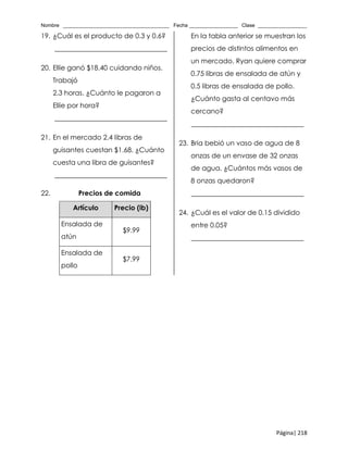 Nombre _____________________________________ Fecha _________________ Clase _________________
Página| 218
19. ¿Cuál es el producto de 0.3 y 0.6?
_________________________________
20. Ellie ganó $18.40 cuidando niños.
Trabajó
2.3 horas. ¿Cuánto le pagaron a
Ellie por hora?
_________________________________
21. En el mercado 2.4 libras de
guisantes cuestan $1.68. ¿Cuánto
cuesta una libra de guisantes?
_________________________________
22. Precios de comida
Artículo Precio (lb)
Ensalada de
atún
$9.99
Ensalada de
pollo
$7.99
En la tabla anterior se muestran los
precios de distintos alimentos en
un mercado. Ryan quiere comprar
0.75 libras de ensalada de atún y
0.5 libras de ensalada de pollo.
¿Cuánto gasta al centavo más
cercano?
_________________________________
23. Bria bebió un vaso de agua de 8
onzas de un envase de 32 onzas
de agua. ¿Cuántos más vasos de
8 onzas quedaron?
_________________________________
24. ¿Cuál es el valor de 0.15 dividido
entre 0.05?
_________________________________
 