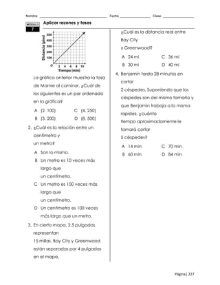 Nombre _____________________________________ Fecha _________________ Clase _________________
Página| 227
Aplicar razones y tasas
1.
La gráfica anterior muestra la tasa
de Marnie al caminar. ¿Cuál de
los siguientes es un par ordenado
en la gráfica?
A (2, 100) C (4, 250)
B (3, 200) D (8, 500)
2. ¿Cuál es la relación entre un
centímetro y
un metro?
A Son lo mismo.
B Un metro es 10 veces más
largo que
un centímetro.
C Un metro es 100 veces más
largo que
un centímetro.
D Un centímetro es 100 veces
más largo que un metro.
3. En cierto mapa, 2.5 pulgadas
representan
15 millas. Bay City y Greenwood
están separadas por 4 pulgadas
en el mapa.
¿Cuál es la distancia real entre
Bay City
y Greenwood?
A 24 mi C 36 mi
B 30 mi D 40 mi
4. Benjamín tarda 28 minutos en
cortar
2 céspedes. Suponiendo que los
céspedes son del mismo tamaño y
que Benjamín trabaja a la misma
rapidez, ¿cuánto
tiempo aproximadamente le
tomará cortar
5 céspedes?
A 14 min C 70 min
B 60 min D 84 min
MÓDULO
7
 