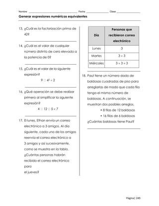 Nombre _____________________________________ Fecha _________________ Clase __________________
Página| 249
Generar expresiones numéricas equivalentes
13. ¿Cuál es la factorización prima de
42?
_________________________________
14. ¿Cuál es el valor de cualquier
número distinto de cero elevado a
la potencia de 0?
_________________________________
15. ¿Cuál es el valor de la siguiente
expresión?
9 42  2
_________________________________
16. ¿Qué operación se debe realizar
primero al simplificar la siguiente
expresión?
4 12 5  7
_________________________________
17. El lunes, Ethan envía un correo
electrónico a 3 amigos. Al día
siguiente, cada uno de los amigos
reenvía el correo electrónico a
3 amigos y así sucesivamente,
como se muestra en la tabla.
¿Cuántas personas habrán
recibido el correo electrónico
para
el jueves?
Día
Personas que
recibieron correo
electrónico
Lunes 3
Martes 3  3
Miércoles 3  3  3
__________________________________
18. Paul tiene un número dado de
baldosas cuadradas de piso para
arreglarlas de modo que cada fila
tenga el mismo número de
baldosas. A continuación, se
muestran dos posibles arreglos.
• 8 filas de 12 baldosas
• 16 filas de 6 baldosas
¿Cuántas baldosas tiene Paul?
__________________________________
 