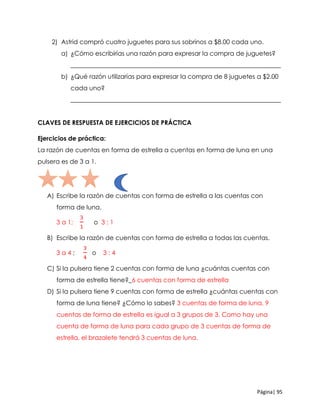Página| 95
2) Astrid compró cuatro juguetes para sus sobrinos a $8.00 cada uno.
a) ¿Cómo escribirías una razón para expresar la compra de juguetes?
___________________________________________________________________
b) ¿Qué razón utilizarías para expresar la compra de 8 juguetes a $2.00
cada uno?
___________________________________________________________________
CLAVES DE RESPUESTA DE EJERCICIOS DE PRÁCTICA
Ejercicios de práctica:
La razón de cuentas en forma de estrella a cuentas en forma de luna en una
pulsera es de 3 a 1.
A) Escribe la razón de cuentas con forma de estrella a las cuentas con
forma de luna.
3 a 1;
3
1
o 3 : 1
B) Escribe la razón de cuentas con forma de estrella a todas las cuentas.
3 a 4 ;
3
4
o 3 : 4
C) Si la pulsera tiene 2 cuentas con forma de luna ¿cuántas cuentas con
forma de estrella tiene?_6 cuentas con forma de estrella
D) Si la pulsera tiene 9 cuentas con forma de estrella ¿cuántas cuentas con
forma de luna tiene? ¿Cómo lo sabes? 3 cuentas de forma de luna, 9
cuentas de forma de estrella es igual a 3 grupos de 3. Como hay una
cuenta de forma de luna para cada grupo de 3 cuentas de forma de
estrella, el brazalete tendrá 3 cuentas de luna.
 