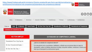https://www2.trabajo.gob.pe/el-ministerio-2/sector-empleo/dir-gen-form-cap-lab/normalizacion-y-
certificacion/normalizacion-de-competencias/estandares-de-competencia-laboral/
 