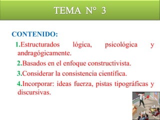 TEMA  N° 3FASES PARA LA ELABORACION DE MODULOSDEFINICION DE CONCEPTOS:Modulo instruccional de aprendizaje: Constituye un recurso didáctico, un medio decomunicación en el cual se desarrollan los contenidos de un curso previamente planificado,dosificado y contextualizado. Se prevé que algunos objetivos los alcanzará el participante por sísólo mientras que otros los logrará con la guía y orientación del facilitador. Es un todo dividido ensegmentos, cada uno con su estructura y significación propia denominadas, guías de aprendizaje. Módulo autoinstruccional: Documento didáctico en el cual se desarrollan contenidosfundamentales de un curso previamente planificado, con el propósito de que el participante logrelos aprendizajes por si mismo, sin la necesidad de asistir a clases presenciales.Módulo Informativo:Compendio de lecturas o separatas para que el participante estudie. Sirven de complemento al módulo instruccional.