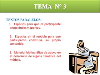 TEMA  NO  3PORTADA:REPUBLICA DE PANAMAMINISTERIO DE EDUCACIONDIRECCION NACIONAL DE EDUCACION DE JOVENES Y ADULTOSDIRECCION NACIONAL DE FORMACION Y PERFECCIONAMIENTO PROFESIONALTEMA:MODULOS INSTRUCCIONALES DE APRENDIZAJE.SUBTEMAS:CONSIDERACIONES GENERALES SOBRE ANDRAGOGIAASPECTOS  A CONSIDERAR PREVIOS A LA ELABORACION DEL MODULO.FASES PARA LA ELABORACION DE MODULOS.PARTICIPANTE____________________________________________. 