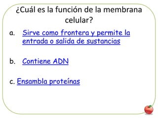 ¿Cuál es la función de la membrana
                    celular?
a.    Sirve como frontera y permite la
      entrada o salida de sustancias

b. Contiene ADN

c. Ensambla proteínas



                                          38
 