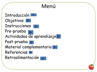 Menú
Introducción
Objetivos
Instrucciones
Pre-prueba
Actividades de aprendizaje
Post-prueba
Material complementario
Referencias
Retroalimentación

                             4
 