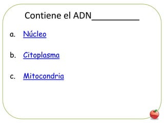 Contiene el ADN
a.   Núcleo

b. Citoplasma

c.   Mitocondria




                       41
 