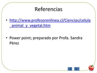 Referencias
• http://www.profesorenlinea.cl/Ciencias/celula
  _animal_y_vegetal.htm

• Power point; preparado por Profa. Sandra
  Pérez




                                              90
 