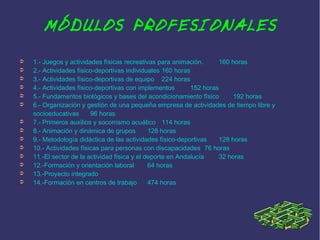 MÓDULOS PROFESIONALES
➲
➲
➲
➲
➲
➲

➲
➲
➲
➲
➲
➲
➲
➲

1.- Juegos y actividades físicas recreativas para animación.
160 horas
2.- Actividades físico-deportivas individuales 160 horas
3.- Actividades físico-deportivas de equipo 224 horas
4.- Actividades físico-deportivas con implementos
152 horas
5.- Fundamentos biológicos y bases del acondicionamiento físico
192 horas
6.- Organización y gestión de una pequeña empresa de actividades de tiempo libre y
socioeducativas
96 horas
7.- Primeros auxilios y socorrismo acuático 114 horas
8.- Animación y dinámica de grupos
128 horas
9.- Metodología didáctica de las actividades físico-deportivas
128 horas
10.- Actividades físicas para personas con discapacidades 76 horas
11.-El sector de la actividad física y el deporte en Andalucía
32 horas
12.-Formación y orientación laboral
64 horas
13.-Proyecto integrado
14.-Formación en centros de trabajo
474 horas

 