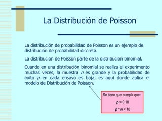 La Distribución de Poisson
La distribución de probabilidad de Poisson es un ejemplo de
distribución de probabilidad discre...