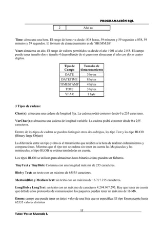 PROGRAMACIÓN SQL
12
Tutor: Yasser Alvarado S.
2 Año aa
Time: almacena una hora. El rango de horas va desde -838 horas, 59 minutos y 59 segundos a 838, 59
minutos y 59 segundos. El formato de almacenamiento es de 'HH:MM:SS'
Year: almacena un año. El rango de valores permitidos va desde el año 1901 al año 2155. El campo
puede tener tamaño dos o tamaño 4 dependiendo de si queremos almacenar el año con dos o cuatro
dígitos.
Tipo de
Campo
Tamaño de
Almacenamiento
DATE 3 bytes
DATETIME 8 bytes
TIMESTAMP 4 bytes
TIME 3 bytes
YEAR 1 byte
3 Tipos de cadena:
Char(n): almacena una cadena de longitud fija. La cadena podrá contener desde 0 a 255 caracteres.
VarChar(n): almacena una cadena de longitud variable. La cadena podrá contener desde 0 a 255
caracteres.
Dentro de los tipos de cadena se pueden distinguir otros dos subtipos, los tipo Test y los tipo BLOB
(Binary large Object)
La diferencia entre un tipo y otro es el tratamiento que reciben a la hora de realizar ordenamientos y
comparaciones. Mientras que el tipo test se ordena sin tener en cuenta las Mayúsculas y las
minúsculas, el tipo BLOB se ordena teniéndolas en cuenta.
Los tipos BLOB se utilizan para almacenar datos binarios como pueden ser ficheros.
TinyText y TinyBlob: Columna con una longitud máxima de 255 caracteres.
Blob y Text: un texto con un máximo de 65535 caracteres.
MediumBlob y MediumText: un texto con un máximo de 16.777.215 caracteres.
LongBlob y LongText: un texto con un máximo de caracteres 4.294.967.295. Hay que tener en cuenta
que debido a los protocolos de comunicación los paquetes pueden tener un máximo de 16 Mb.
Enum: campo que puede tener un único valor de una lista que se especifica. El tipo Enum acepta hasta
65535 valores distintos
 