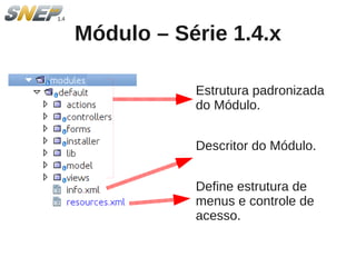 Módulo – Série 1.4.x

           Estrutura padronizada
           do Módulo.


           Descritor do Módulo.


           Define estrutura de
           menus e controle de
           acesso.
 