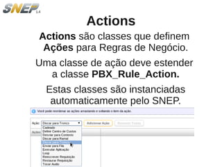 Actions
Actions são classes que definem
 Ações para Regras de Negócio.
Uma classe de ação deve estender
  a classe PBX_Rule_Action.
  Estas classes são instanciadas
   automaticamente pelo SNEP.
 