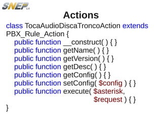 Actions
class TocaAudioDiscaTroncoAction extends
PBX_Rule_Action {
   public function __construct( ) { }
   public function getName( ) { }
   public function getVersion( ) { }
   public function getDesc( ) { }
   public function getConfig( ) { }
   public function setConfig( $config ) { }
   public function execute( $asterisk,
                            $request ) { }
}
 