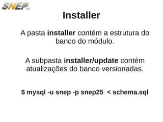 Installer
A pasta installer contém a estrutura do
          banco do módulo.

 A subpasta installer/update contém
 atualizações do banco versionadas.


$ mysql -u snep -p snep25 < schema.sql
 
