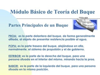 Módulo Básico de Teoría del Buque Partes Principales de un Buque PROA:   es la parte delantera del buque, de forma generalmente afilada, al objeto de presentar resistencia posible al agua. POPA:  es la parte trasera del buque, alojándose en ella, normalmente, el sistema de propulsión y el de gobierno.   ESTRIBOR:  es la parte de la derecha del buque, para una persona situada en el interior del mismo, mirando hacia la proa. BABOR:   es la parte de la izquierda del buque, para una persona situada en la misma posición. 