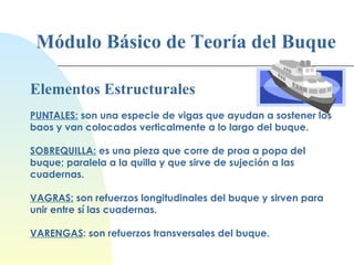 Módulo Básico de Teoría del Buque Elementos Estructurales PUNTALES:  son una especie de vigas que ayudan a sostener los baos y van colocados verticalmente a lo largo del buque. SOBREQUILLA:  es una pieza que corre de proa a popa del buque; paralela a la quilla y que sirve de sujeción a las cuadernas. VAGRAS:  son refuerzos longitudinales del buque y sirven para unir entre sí las cuadernas. VARENGAS : son refuerzos transversales del buque. 