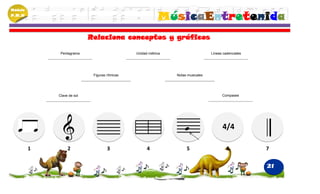 Módulo
P.M.N
                                                            MúsicaEntretenida
                            Relaciona conceptos y gráficos

              Pentagrama                        Unidad métrica                     Líneas cadenciales




                             Figuras rítmicas                    Notas musicales




             Clave de sol                                                                Compases




                                                                                         4/4

         1        2                  3                4               5                     6           7


                                                                                                        21
 