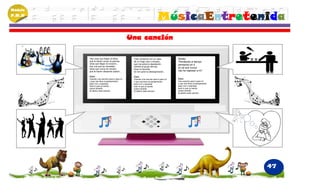 Módulo
P.M.N
                                                                       MúsicaEntretenida
                                              Una canción

         Hay unas que llegan al alma,          Todo comenzó con un vaso,            Stretto
         que te hacen mover la palmas,         de un trago caro y escaso,           “Perdiendo el tiempo
         otras que llegan al corazón…          que me subía la desolación,          pensando en ti
         hay una que se necesitan,             oyendo al grupo del bar,
         otras que nunca se olvidan,
                                                                                    yo sé que nunca
                                               tocar mi favorita,
         que te hacen despertar pasión…        se me subió la desesperación…
                                                                                    vas ha regresar a mí”.

         Coro                                  Coro
         Oyendo una canción para ti para mí    Oyendo una canción para ti para mí   Coro
         y que nos lleve al pensamiento,       y que nos lleve al pensamiento       Una canción para ti para mí
         para vivir y expresar,                para vivir y expresar                y que nos lleve al pensamiento
         todo lo que yo siento…                todo lo que yo siento                para vivir y expresar
         quiero tenerte,                       quiero tenerte,                      todo lo que yo siento
         te dedico esta canción.               te dedico esta canción.              quiero tenerte,
                                                                                    te dedico esta canción.




                                                                                                                     47
 