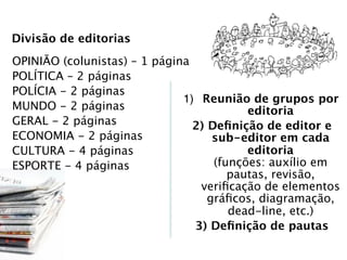 Divisão de editorias
OPINIÃO (colunistas) – 1 página
POLÍTICA – 2 páginas
POLÍCIA - 2 páginas
MUNDO - 2 páginas
GERAL - 2 páginas
ECONOMIA - 2 páginas
CULTURA - 4 páginas
ESPORTE - 4 páginas
1) Reunião de grupos por
editoria
2) Deﬁnição de editor e
sub-editor em cada
editoria
(funções: auxílio em
pautas, revisão,
veriﬁcação de elementos
gráﬁcos, diagramação,
dead-line, etc.)
3) Deﬁnição de pautas
 