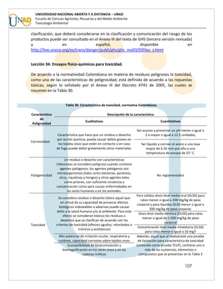 107
UNIVERSIDAD NACIONAL ABIERTA Y A DISTANCIA – UNAD
Escuela de Ciencias Agrícolas, Pecuarias y del Medio Ambiente
Toxicología Ambiental
clasificación, que deberá considerarse en la clasificación y comunicación del riesgo de los
productos puede ser consultado en el Anexo III del texto de GHS (tercera versión revisada)
y en español, disponible en
http://live.unece.org/es/trans/danger/publi/ghs/ghs_rev03/03files_s.html
Lección 34. Ensayos físico-químicos para toxicidad.
De acuerdo a la normatividad Colombiana en materia de residuos peligrosos la toxicidad,
como una de las características de peligrosidad, está definida de acuerdo a las repuestas
tóxicas, según lo señalado por el Anexo III del Decreto 4741 de 2005, las cuales se
resumen en la Tabla 30.
Tabla 30. Característica de toxicidad, normativa Colombiana.
Característica
de
Peligrosidad
Descripción de la característica
Cualitativas Cuantitativas
Corrosividad
Característica que hace que un residuo o desecho
por acción química, pueda causar daños graves en
los tejidos vivos que estén en contacto o en caso
de fuga puede dañar gravemente otros materiales.
Ser acuoso y presentar un pH menor o igual a
2 o mayor o igual a 12.5 unidades;
Ser líquido y corroer el acero a una tasa
mayor de 6.35 mm por año a una
temperatura de ensayo de 55° C.
Patógenicidad
Un residuo o desecho con características
infecciosas se considera peligroso cuando contiene
agentes patógenos; los agentes patógenos son
microorganismos (tales como bacterias, parásitos,
virus, riquetsias y hongos) y otros agentes tales
como priones, con suficiente virulencia y
concentración como para causar enfermedades en
los seres humanos o en los animales.
No reglamentados
Toxicidad
Se considera residuo o desecho tóxico aquel que
en virtud de su capacidad de provocar efectos
biológicos indeseables o adversos puede causar
daño a la salud humana y/o al ambiente. Para este
efecto se consideran tóxicos los residuos o
desechos que se clasifican de acuerdo con los
criterios de toxicidad (efectos agudos, retardados o
crónicos y ecotóxicos)
Para sólidos dosis letal media oral (DL50) para
ratas menor o igual a 200 mg/kg de peso
corporal y para líquidos DL50 menor o igual a
500 mg/kg de peso corporal.
Dosis letal media dérmica (DL50) para ratas
menor o igual de 1.000 mg/kg de peso
corporal
Concentración letal media inhalatoria (CL50)
para ratas menor o igual a 10 mg/l
Alto potencial de irritación ocular, respiratoria y
cutánea, capacidad corrosiva sobre tejidos vivos
Además, aquel que al realizársele una prueba
de lixiviación para característica de toxicidad
(conocida como prueba TCLP), contiene uno o
más de las sustancias, elementos o
compuestos que se presentan en la Tabla 3
Susceptibilidad de bioacumulación y
biomagnificación en los seres vivos y en las
cadenas tróficas
 